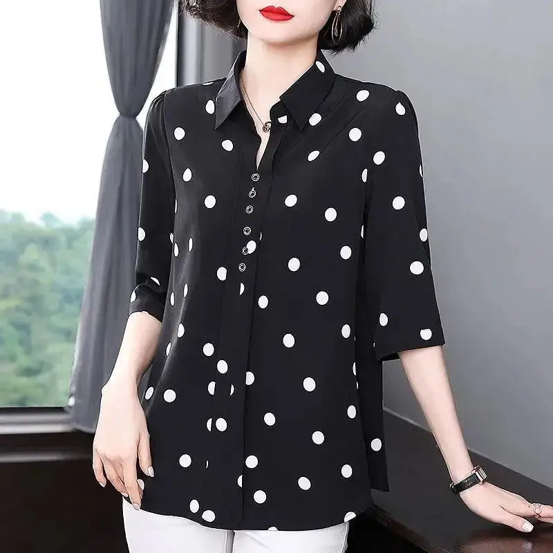 Top Trends: 2023 New Versatile Commuter Women's Clothing Simplicity Dot Print Buttons V-neck Half Sleeve Temperament Pullover Shirt Shoppable Styles