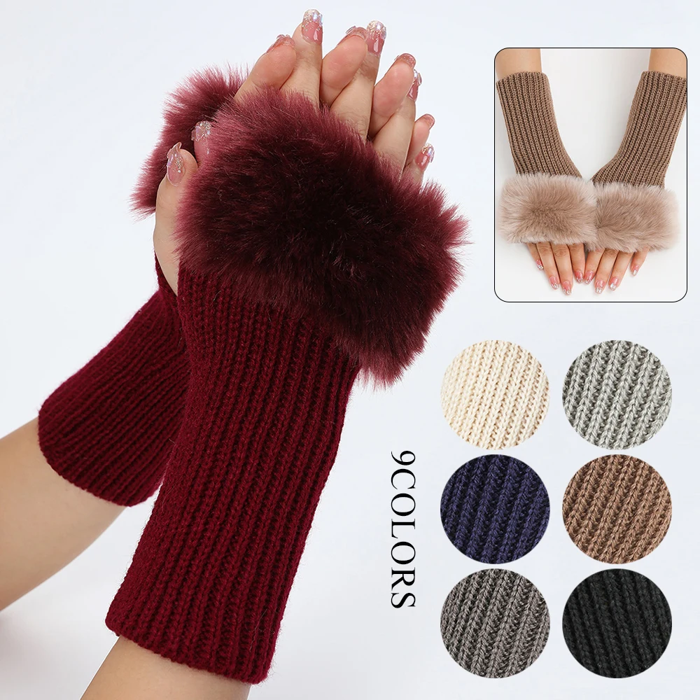 Top Trends: Women Furry Warm Sleeves Gloves Lady Faux Rabbit Fur Fingerless Arm Cover Elastic Knitted Hemp Mittens Clothing Accessories Shoppable Styles