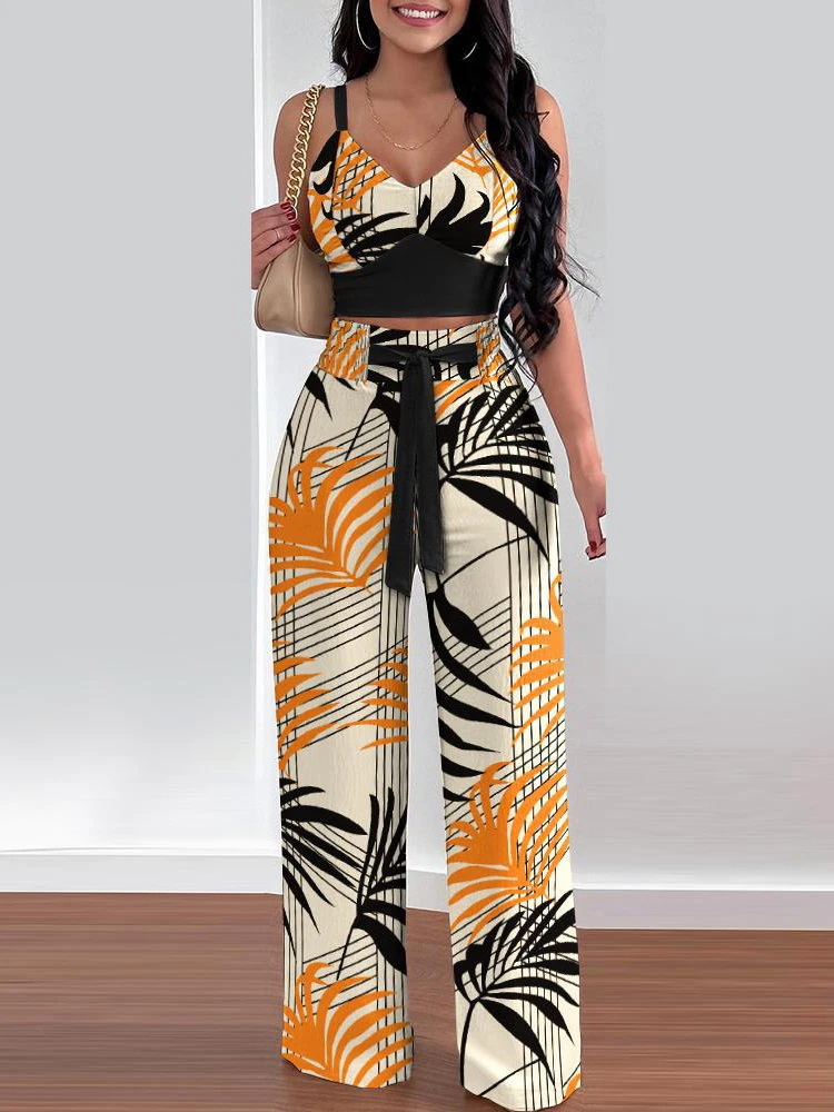 Top Trends: Women Summer Print Tank Suit Tops And Long Pants Matching Set Casual Patchwork Pocket Female Mid Waist Slim Pants Two Piece Sets Shoppable Styles