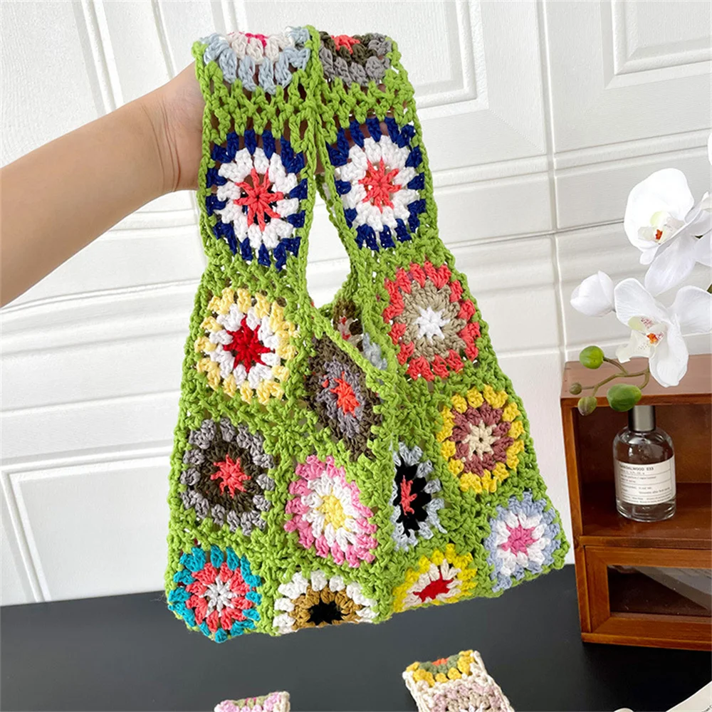 Top Trends: Women Handmade Knit Tote Floral Minimalist Korean Striped Shoulder Bags Trendy Versatile Flower Stitching Reusable Shopping Bags Shoppable Styles