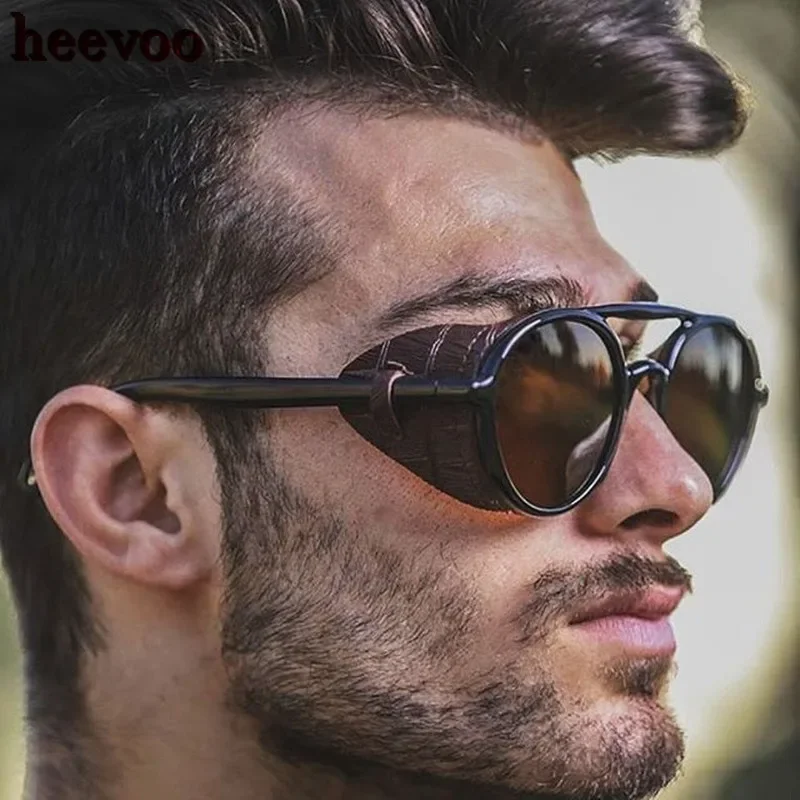 Top Trends: Round Steampunk Sunglasses Men Classic Brand Designer Vintage Punk Rivet Wrap Glasses Retro Leather Sunglasses For Male Oculos Shoppable Styles