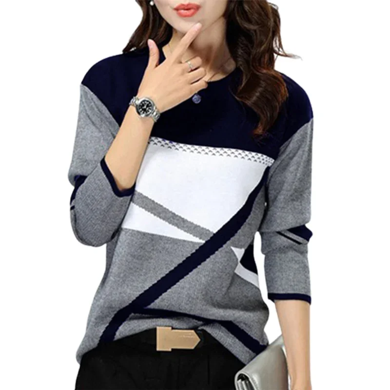 Top Trends: Women Chic T-Shirt Fashion Color Contrast Geometry Print Tops Female Autumn Winter O Neck Long Sleeve Loose Large Size Tees 5XL Shoppable Styles