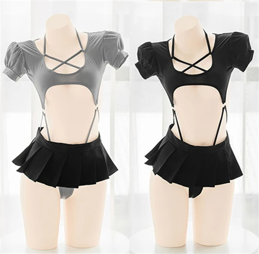 Top Trends: Anime Student Puff Sleeve Black One-piece Swimsuit Cross Straps Bodysuit Mini Pleated Skirt Swimwear Uniform Pool Party Cosplay Shoppable Styles