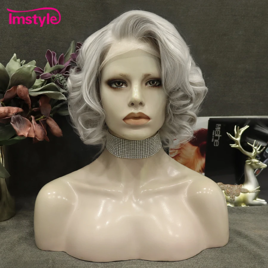 Top Trends: Imstyle Short Wig Grey Synthetic Lace Front Wig Natural Hairline Wavy Wig Heat Resistant Fiber Cosplay Wigs For Women Party Wig Shoppable Styles