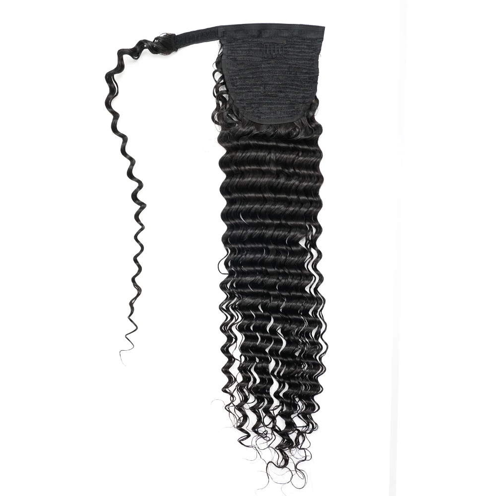 Top Trends: Deep Wave Ponytail Human Hair Extension 65g / 100g / 145g Magic Wrap Around Clip In Ponytail Natural Black Remy Indian Wavy Hair Shoppable Styles