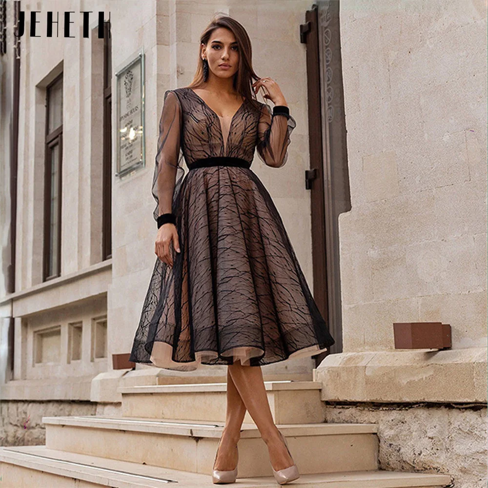 Top Trends: JEHETH Black Vintage Long Sleeves Tulle Prom Dress For Women Elegant V-Neck Bow A Line Evening Celebrity Party Gown Tea Length Shoppable Styles