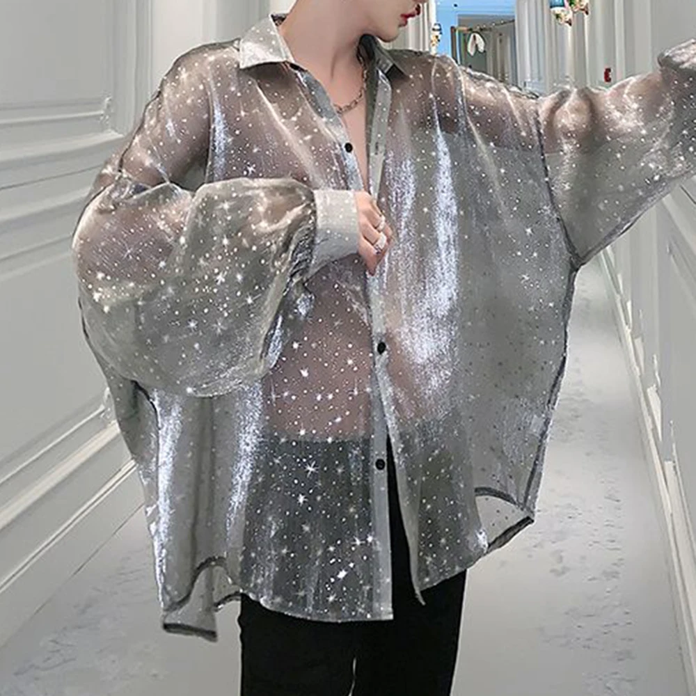 Top Trends: 2024 New Starry Sky Mesh Sexy Long-sleeved Shirt Men&#039;s Loose Oversize Lapel Shirt Top Sun Protection Shirt See-through Blouse Shoppable Styles