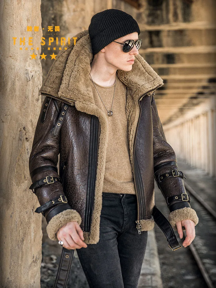 Top Trends: High Quality Men Genuine Leather Coat Natural Shearing Sheepskin Jacket For Male Wool Liner Double Layer Collar Motor Pilot 7XL Shoppable Styles