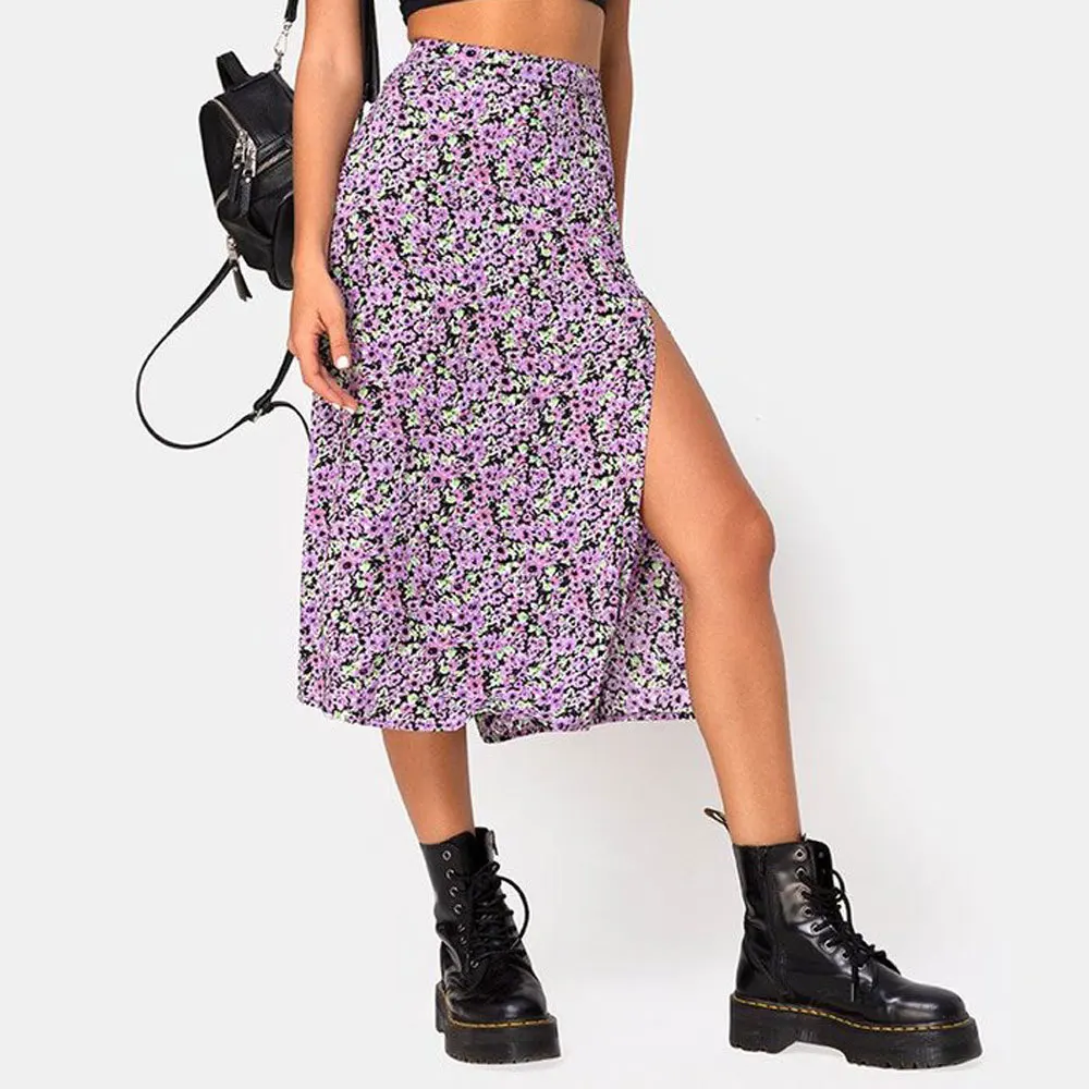 Top Trends: Fashion Floral Skirt Women Summer High Waist Split Beach Casual Midi Skirts Boho Elegant Vacation A Line Skirt Jupe Faldas Shoppable Styles