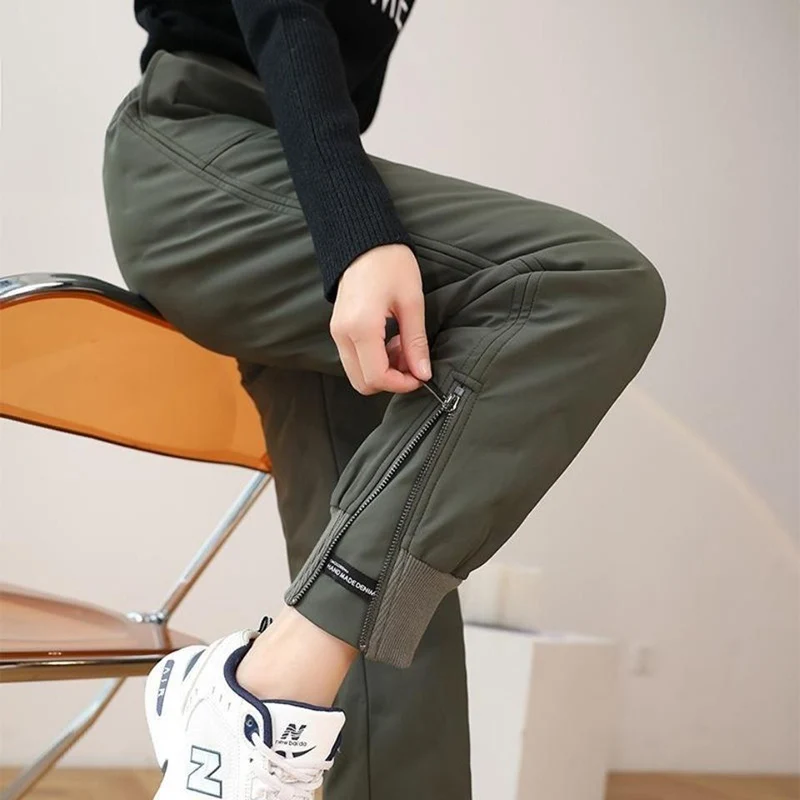 Top Trends: Winter Down Cotton Pants Women Lace Up High Waist Sweatpants Side Zipper Casual Straigth Trousers Korean Warm Vintage Buttoms Shoppable Styles