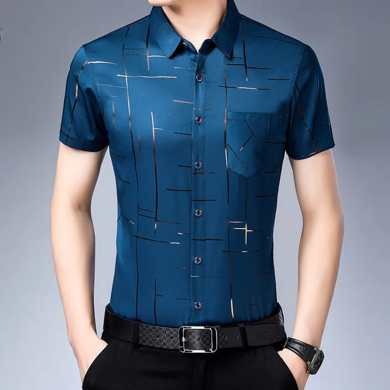 Top Trends: Smart Casual Men New Thin Plaid Smooth Shirts Short Sleeve Lapel Summer Koreon Male Clothing Pockets Loose Business Fashion Tops Shoppable Styles