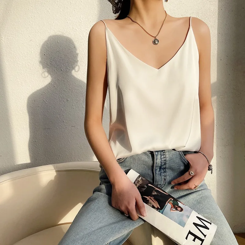 Top Trends: 100 Silk Real Silk 2023 Summer Women's Clothing New Slim V-neck Short Temperament Inner Top One-shoulder Camisole Shoppable Styles