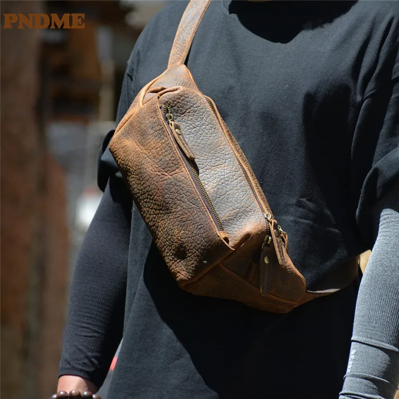 Top Trends: PNDME Vintage Genuine Leather Men&#039;s Chest Bag Casual Fashion Luxury Real Cowhide Cross-body Bag Daily Motorcycle Shoulder Bag Shoppable Styles