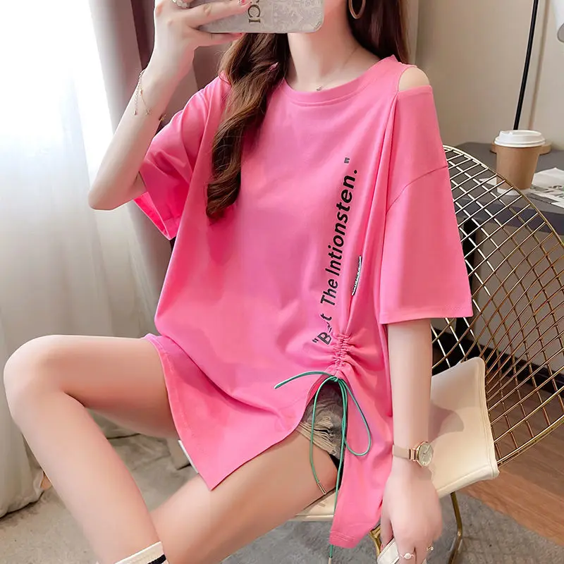 Top Trends: Stylish Loose Letter Off Shoulder Shirring Bandage Blouse Female Clothing 2023 Summer New Casual Pullovers Tops Irregular Shirt Shoppable Styles