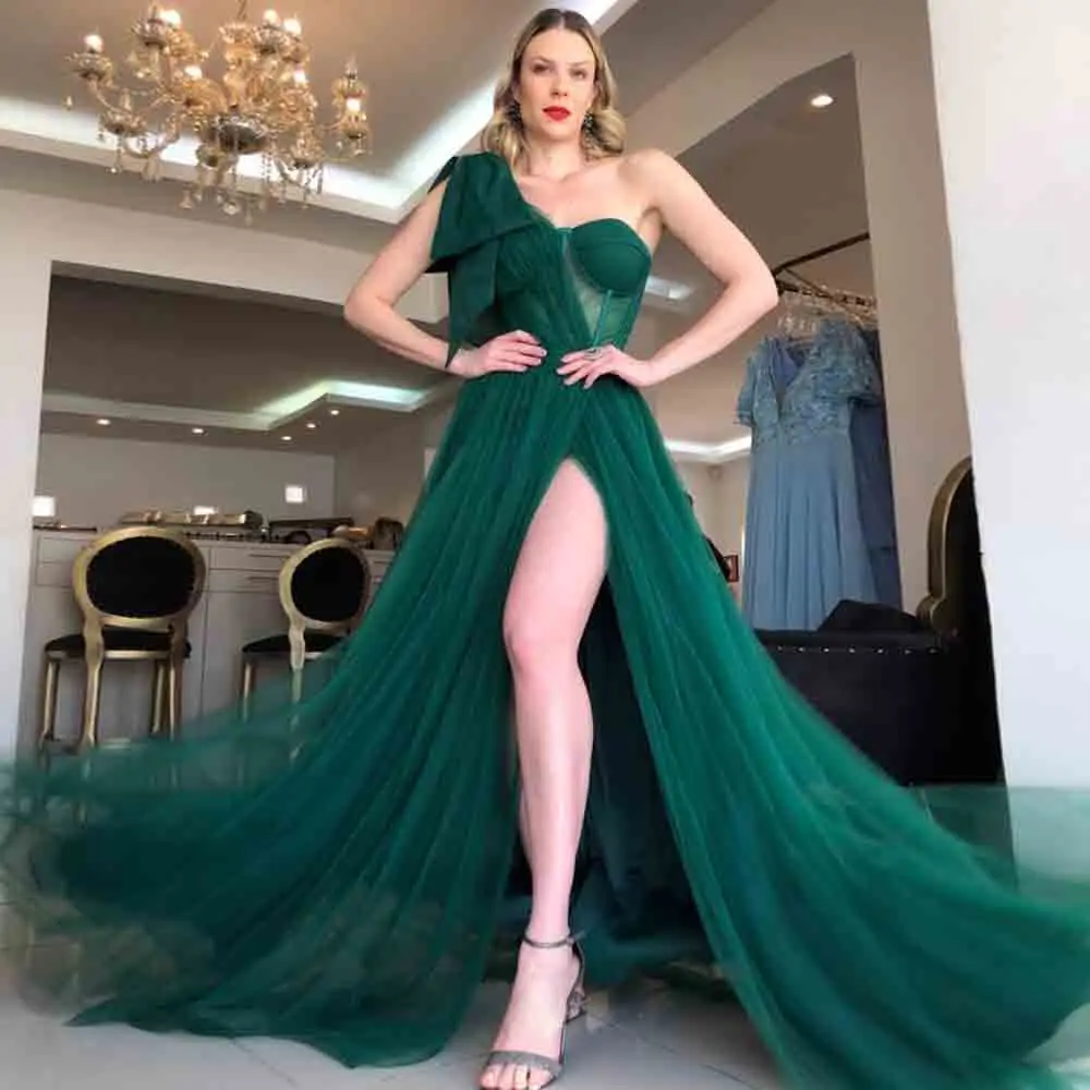 Top Trends: Modern Evening Dresses For Women One Shoulder Sleevelss Prom Gown Tulle A-Line Side Split Sweep Train فساتين مناسبة حسب الطلب Shoppable Styles