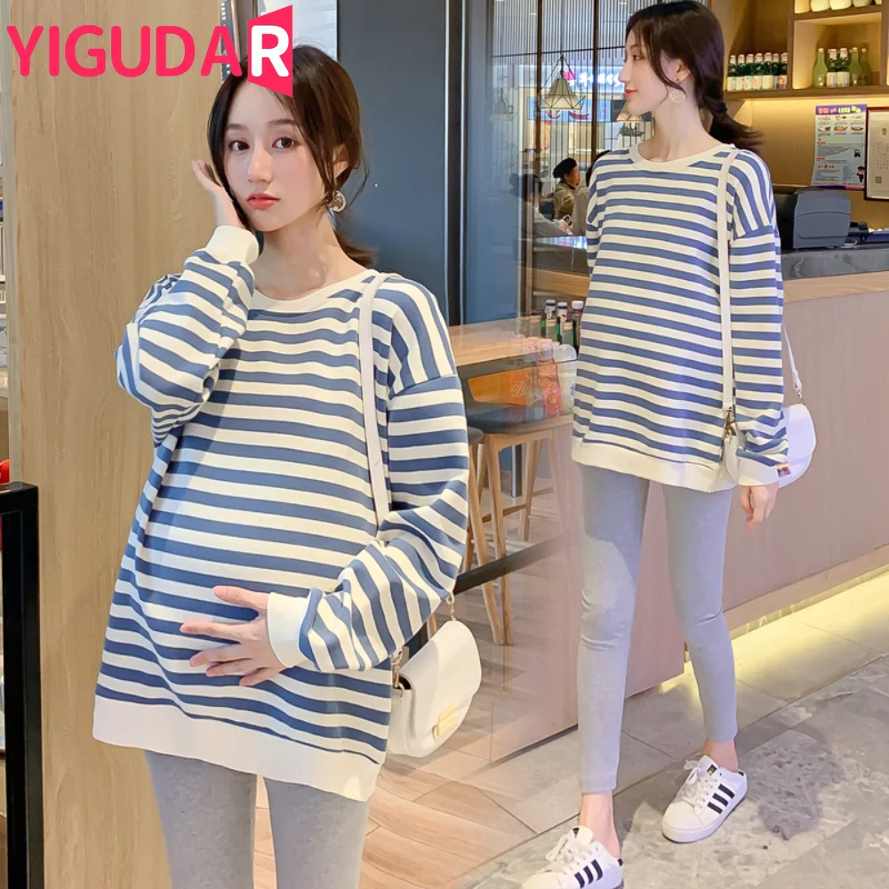 Top Trends: Autumn Korean Fashion Striped Cotton Maternity Hoodies Chic Ins Loose Sweatshirt Shirt For Pregnant Women Pregnancy Tops Shoppable Styles