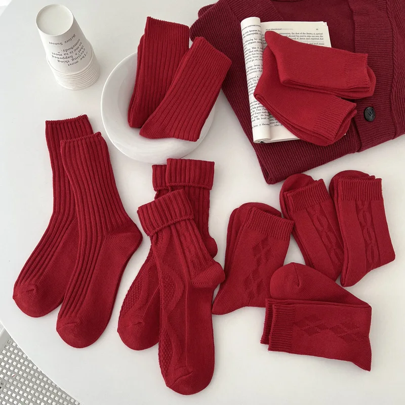 Top Trends: Women's Socks Long Fashion Cotton Breathable Autumn Winter Solid Color Girls Retro Red Comfortable Mid-tube Socks Shoppable Styles