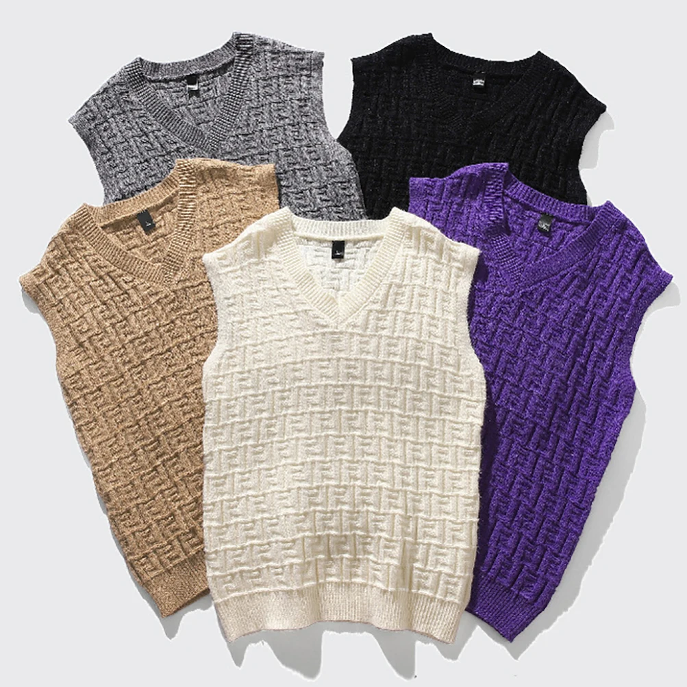 Top Trends: Oversized V Neck Jacquard Weave Knitted Waistcoat Sleeveless Sweater Vest For Men Purple Black Grey Shoppable Styles