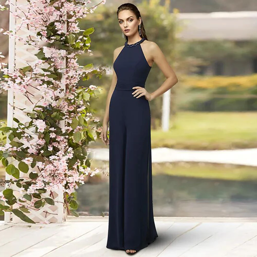 Top Trends: Charming Navy Mother​ Of The Bride Dress Halter Neck Elegant Floor-Length Evening Party Dress Sheath Sleeveless Robe 2024 Shoppable Styles