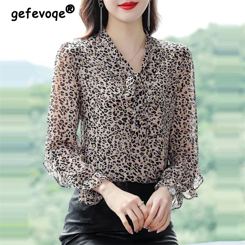 Top Trends: 5XL Korean Women Spring Autumn Casual Chiffon Blouses Leopard Print Bow V Neck Shirts Lady Long Sleeve Elegant Fashion Loose Top Shoppable Styles