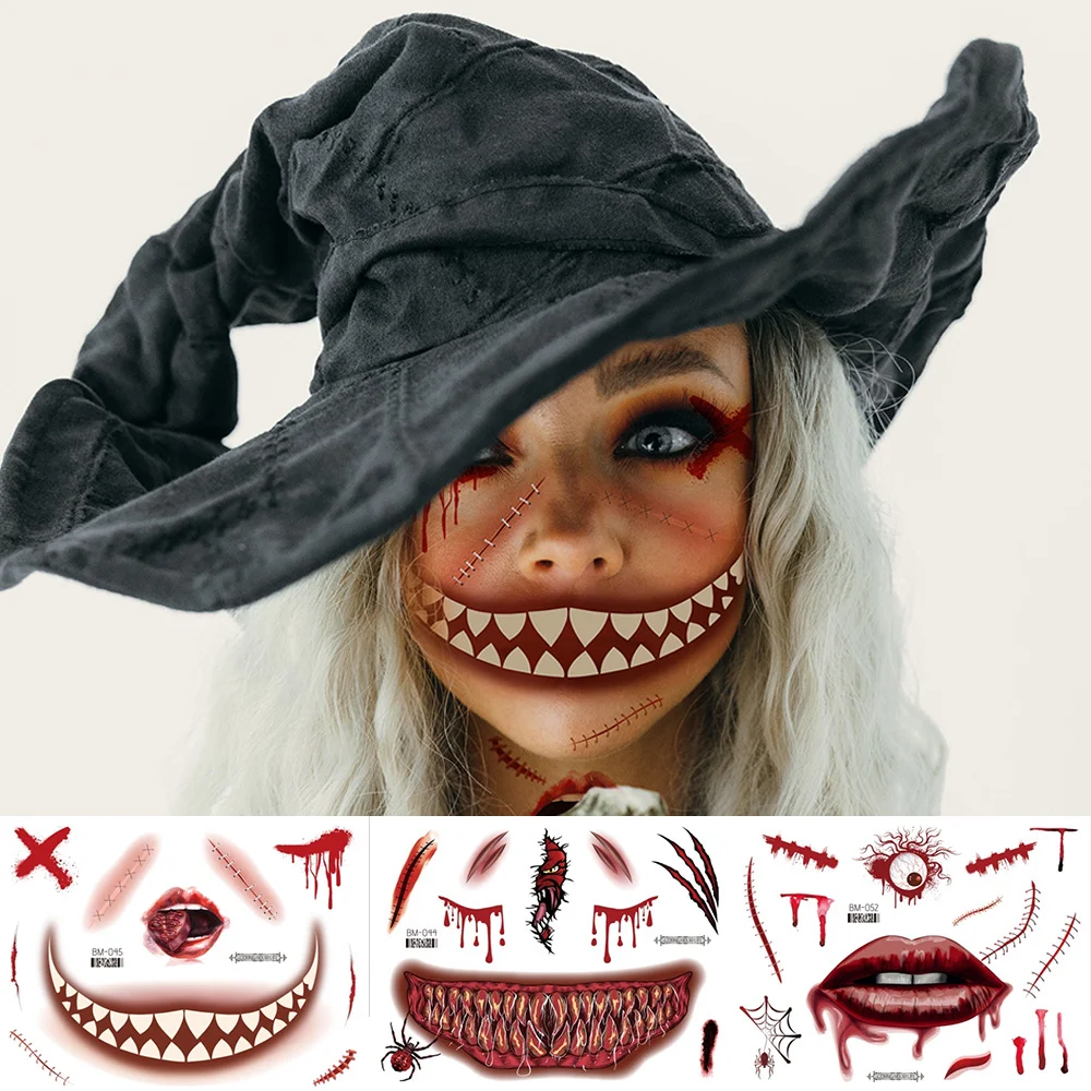 Top Trends: Halloween Face Makeup For Women Men Big Mouth Temporary Tattoo Stickers Disposable Funny Fake Tattoo Waterproof For Saints' Day Shoppable Styles