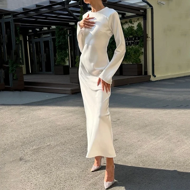 Top Trends: Ellafads Women Maxi Dress Autumn Elegant Solid Round Neck Loose Satin White Party Long Dresses High Streetwear For Female Shoppable Styles