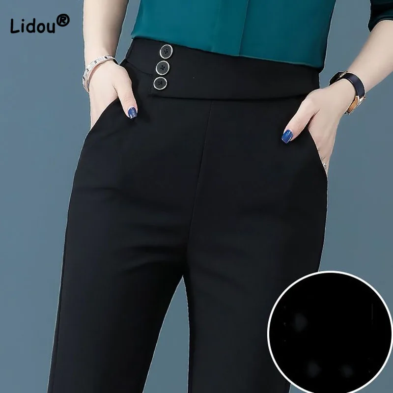 Top Trends: Office Lady Casual High Waist Black Pockets Pants Summer Commute Fashion All-match Button Spliced Trousers Women's Clothing Shoppable Styles