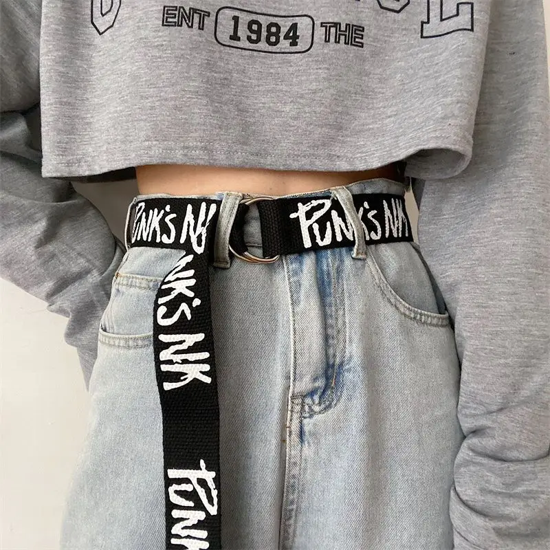 Top Trends: Fashion Casual Canvas Letter Belt Women Men Metal Double Ring D Buckle Waist Strap Student Youth Jeans Waistband Shoppable Styles