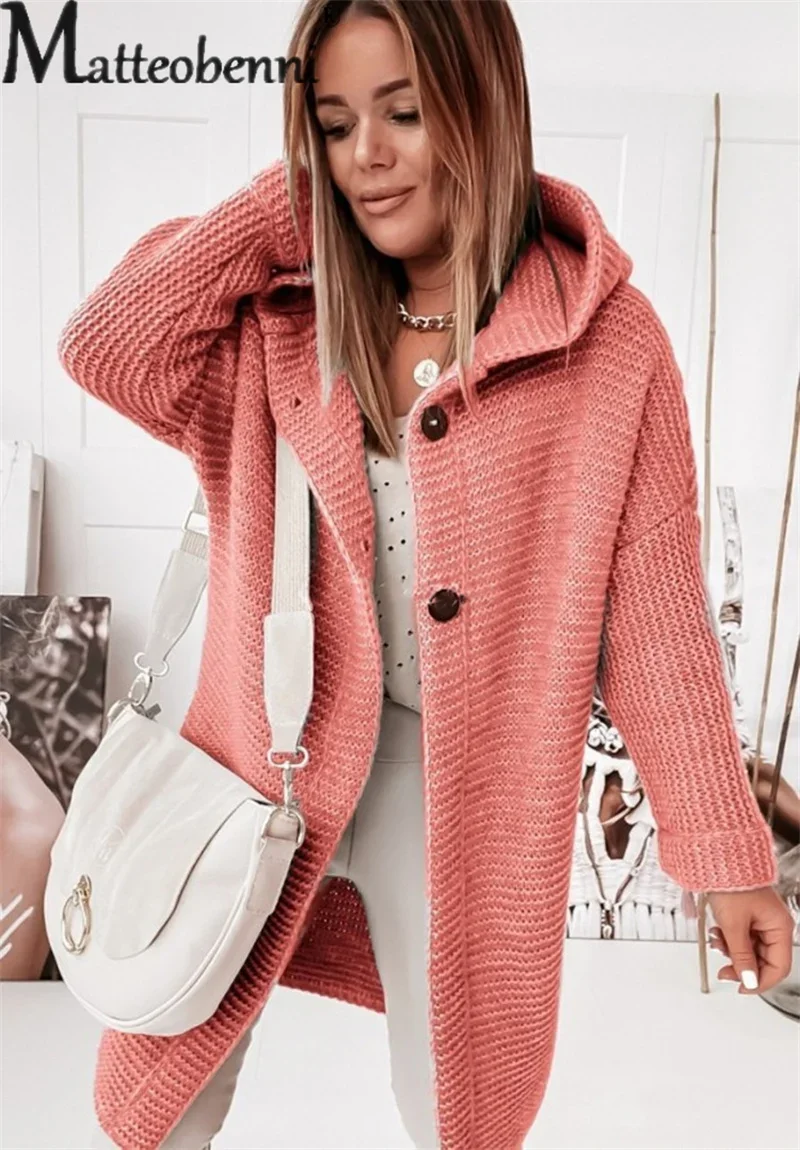 Top Trends: Autumn Winter Warm Two Buttons Cardigan Hooded Sweater Women's Thickened Knitwear Elegant Commuter Loose Long Jumpers Outerwear Shoppable Styles - Image 4