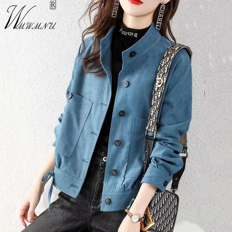 Top Trends: Stand-Up Collar Corduroy Women&#039;s Jacket 2023 Spring Fashion Sashes Blue Veste Femme New Office Lady Single-Breasted Cropped Coat Shoppable Styles