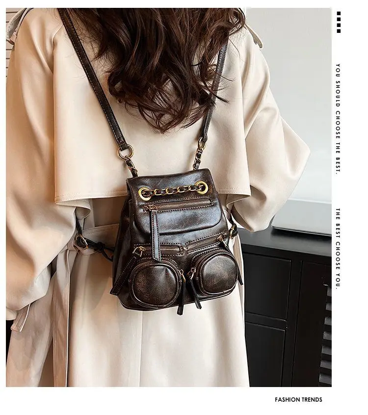 Top Trends: Mini Size PU Leather Vintage Bag Punk Metal Chain Handheld Bags Fashion Versatile Backpack Women's Travel Handsome Backpack Shoppable Styles