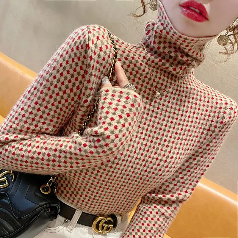 Top Trends: Fashionable High Elasticity Christmas Green Red Colour Spliced Diamond Check Pattern Sweaters Slim Turtleneck Autumn Winter Wild Shoppable Styles