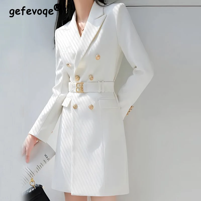 Top Trends: 2024 Spring Autumn Women Elegant Fashion Notched Collar Belt Blazer Dress Office Lady Black White Long Sleeve Slim Mini Dresses Shoppable Styles