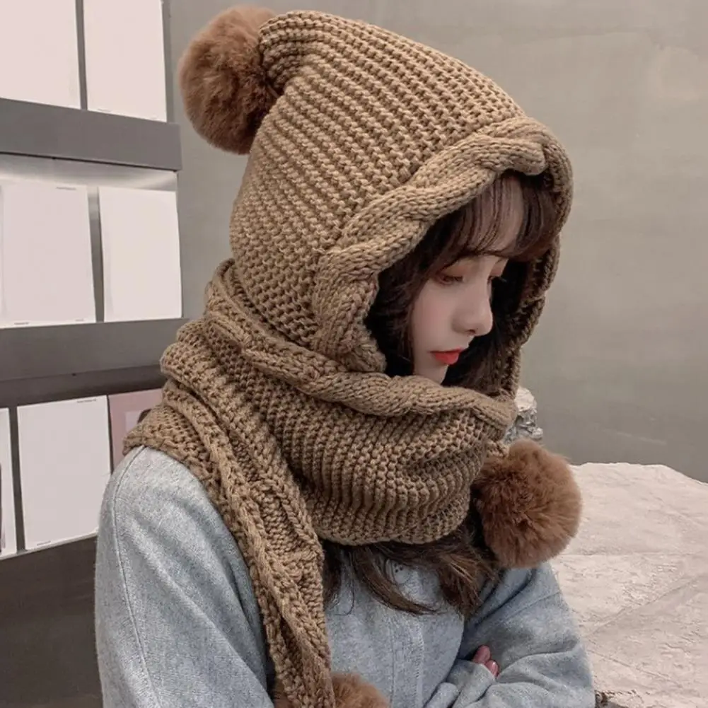 Top Trends: Twist Trim Ear Protection Thickened Knitted Scarf Hat Women Winter Plush Balls Decor Hooded Scarf Costume Accessories Shoppable Styles