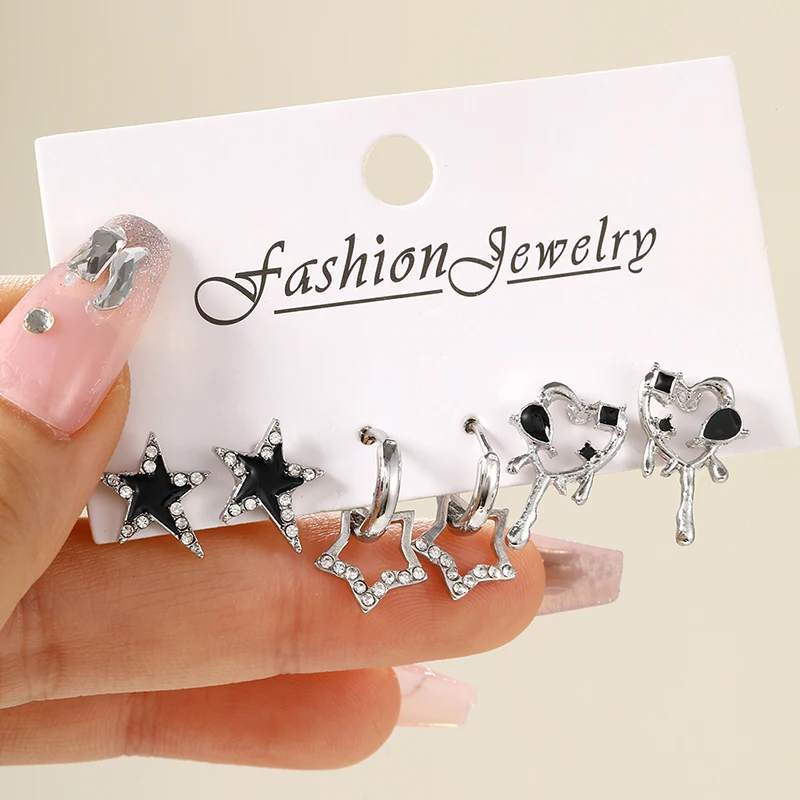 Top Trends: 6pcs / Set Y2k Love Star Stud Earrings For Women Girl Vintage Irregular Zircon Bowknot Shiny Earrings Set Punk Trendy Jewelry Gift Shoppable Styles