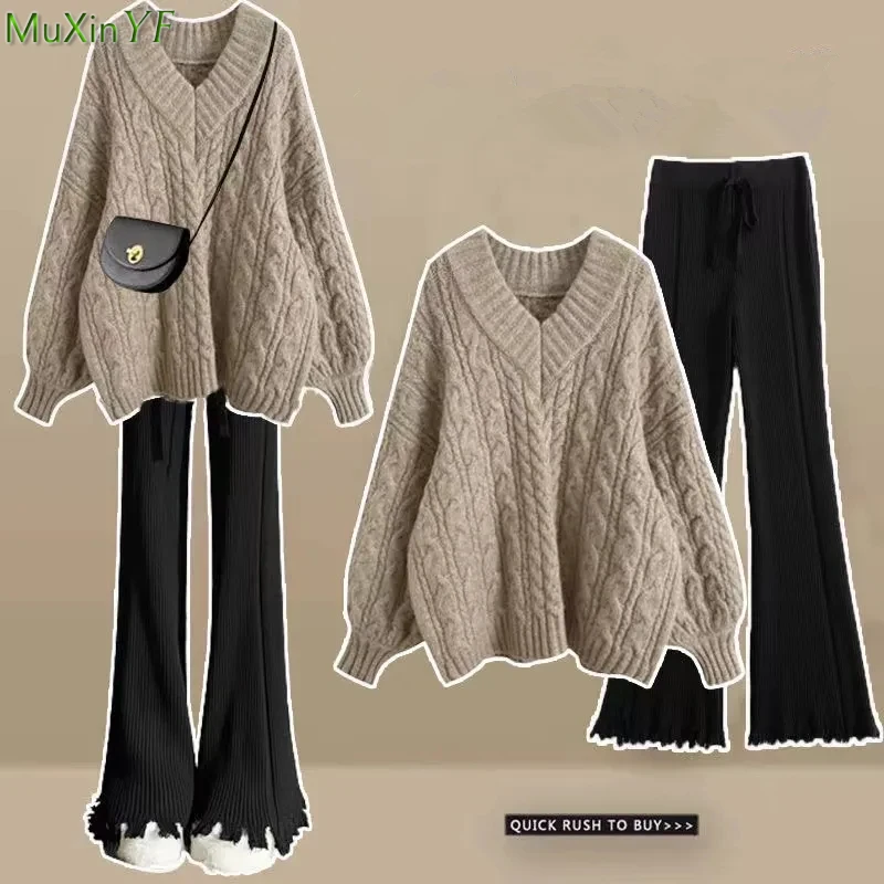 Top Trends: 2023 Autumn Winter New Women Mathcing Sets Korean Lady Casual Sweater Black Pants Suits V-Neck Knitted Tops Trousers Outfits Shoppable Styles