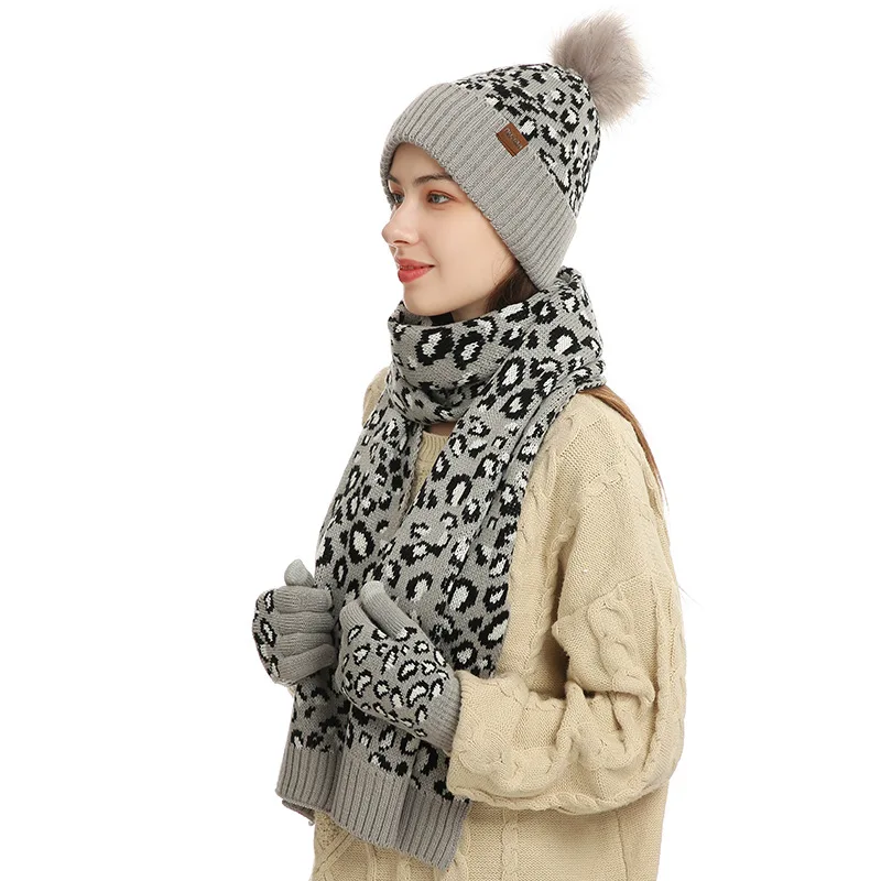 Top Trends: Women's Winter Keep Warm Set Fleece Lining Beanie Telefingers Gloves Thicken Scarf Knitted Muffler Hat Leopard Neckerchief Shoppable Styles - Image 4