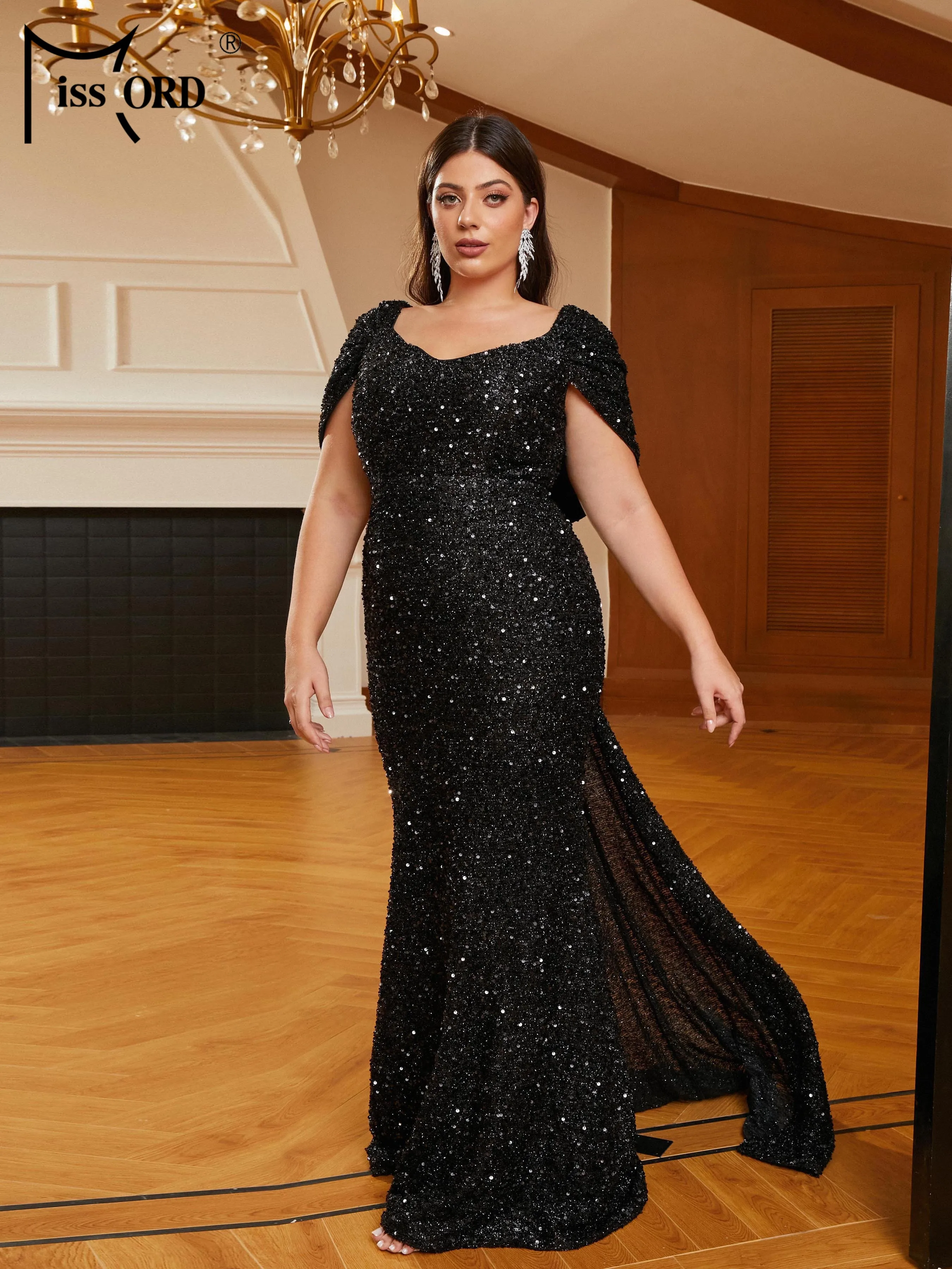 Top Trends: Missord New Plus Size Black Draped V-neck Short Sleeved Sequin Mermaid Evening Floor Length Dress Shoppable Styles