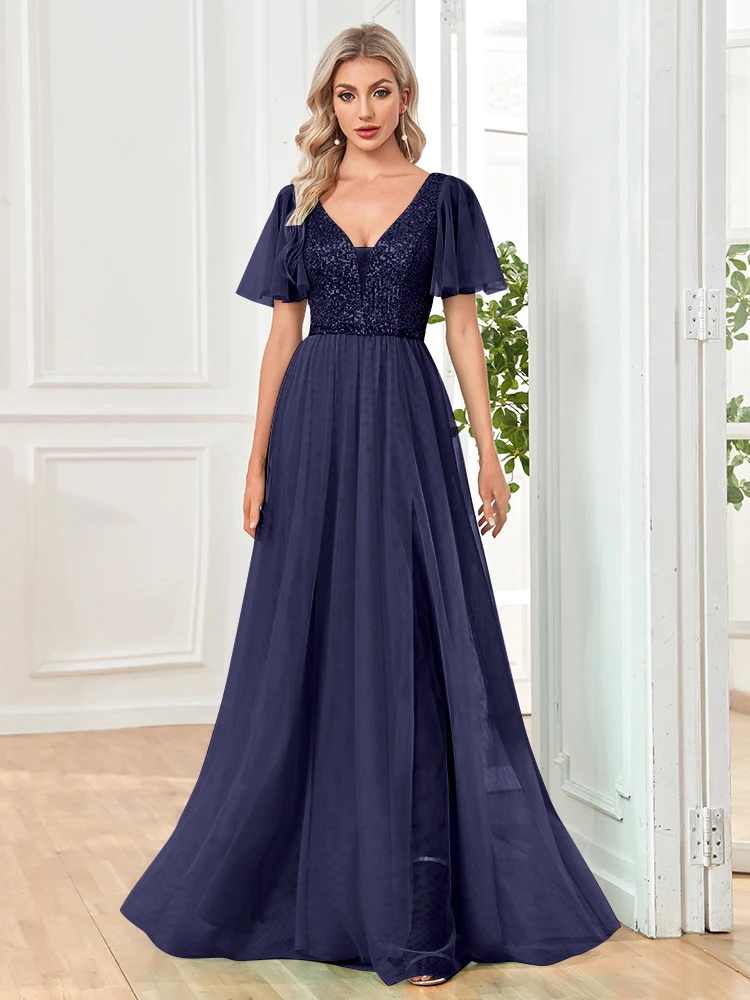 Top Trends: Lucyinlove Elegant Sequins Evening Dress Elegant V-Neck A-line Ruffles Chiffon Robe Short Sleeves Formal Wedding Party Dresses Shoppable Styles