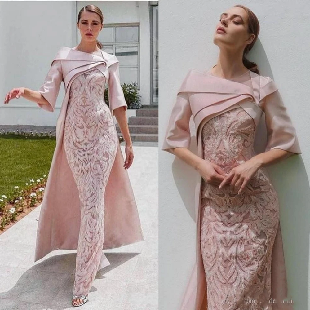 Top Trends: Pink Satin Lace Evening Dress Luxury Half Sleeves With Trailing Tail Mother Of The Bride Dresses Plus Custom Formal Party Gown Shoppable Styles