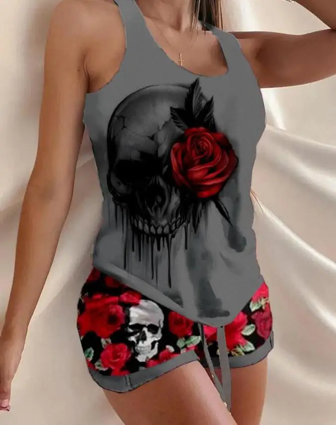 Top Trends: Halloween Skull Rose Print Drawstring Pajamas Set 2023 Summer Women&#039;s Two Piece Sets Female Suit Shoppable Styles