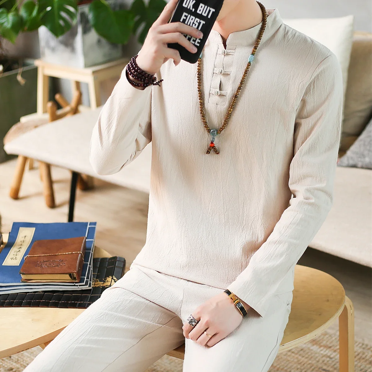 Top Trends: Chinese Linen Men's Sports Two Piece Party Suit Street Fashion Long Sleeve Trousers 2022 Beachwear Men's Suit Shoppable Styles