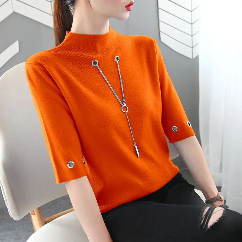 Top Trends: Stylish All-match Solid Color Half Sleeve T-Shirt Women&#039;s Clothing 2023 Spring New Casual Pullovers Knitted Korean Tee Shirt Shoppable Styles