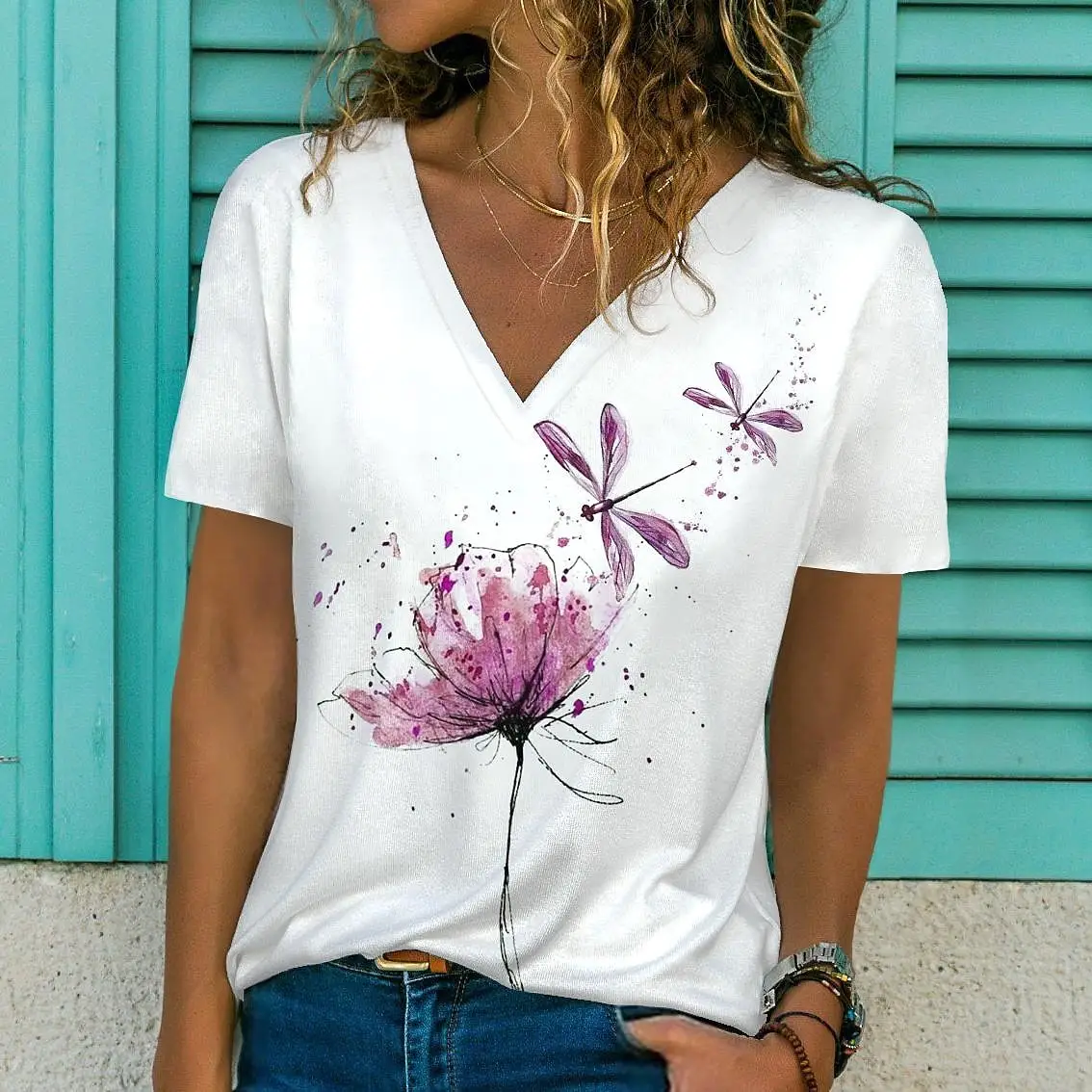 Top Trends: Summer Women Short Sleeve V-neck Oversized T Shirt For Women White Fashion Ladies T-shirt 3d Dragonfly Print Top Casual Clothes Shoppable Styles