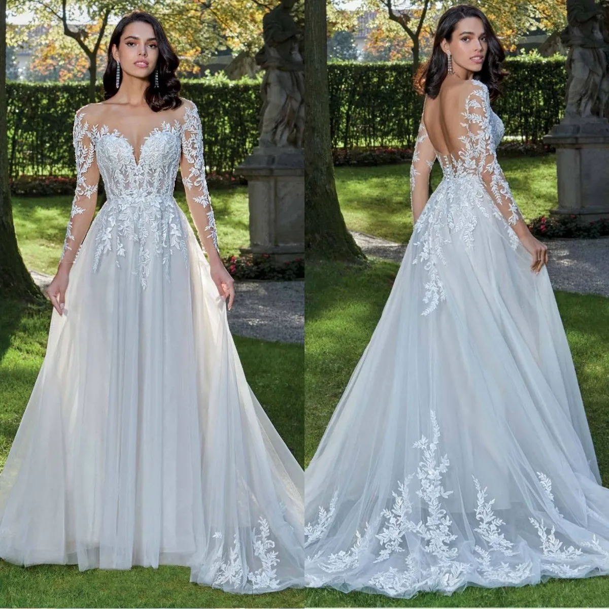 Top Trends: Romantic A Line Wedding Dresses Lace Appliques Sexy Sheer Neck Bridal Gowns Backless Long Sleeves Floor Length Robe De Mariee Shoppable Styles