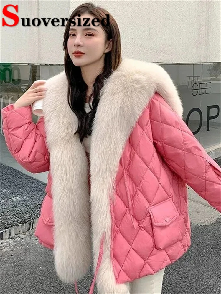 Top Trends: Faux Fox Fur Collar Cotton Padded Parkas Diamond Plaid Thicken Jackets Winter Loose Women Coats Korean Fashion Warm Chaquetas Shoppable Styles