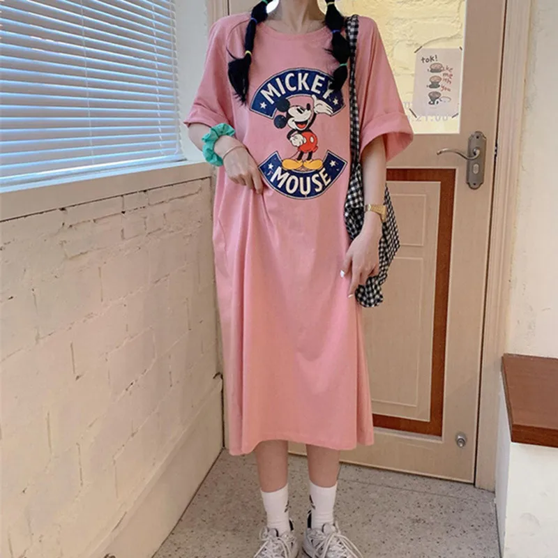 Top Trends: Brand Trend Summer New Women Dress Mickey Mouse Cartoon Loose Short-sleeved Over-the-knee Long T-shirt Skirt Shoppable Styles