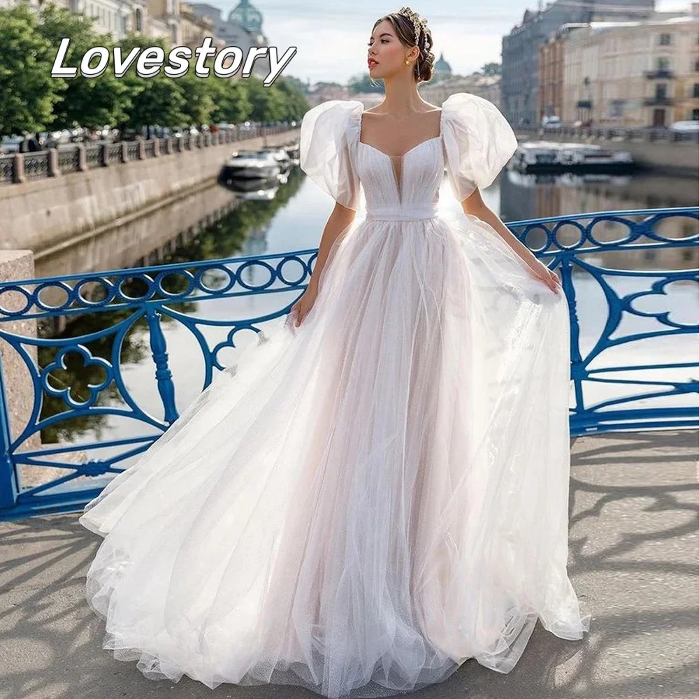 Top Trends: Romantic Shiny A-Line Wedding Dresses Court Train Corset Back Boho Sweetheart Shiny Bridal Gown Lantern Sleeves Vestido De Noiva Shoppable Styles