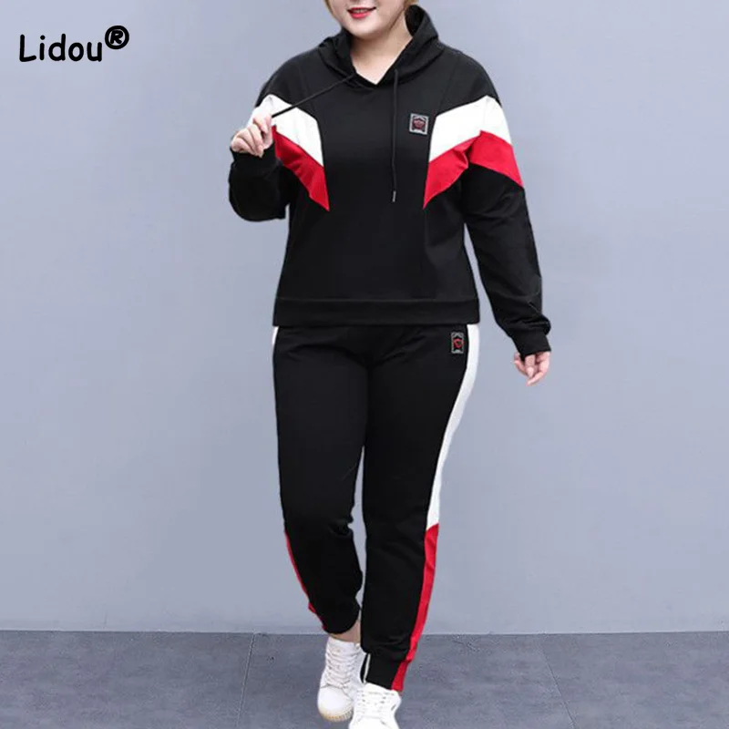 Top Trends: Plus Size Fashion Hooded Contrast Color Drawstring Long Sleeve Top Elastic Waist Label Loose Pants Casual Sports Two Pieces Sets Shoppable Styles