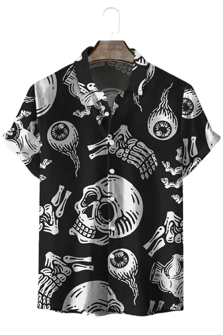 Top Trends: Men's Loose Fit Hawaiian Shirt, Short Sleeve Skull Print Shirt, Summer Casual Regular Button Down Blouse, Beach Style T-Shirt Fo Shoppable Styles